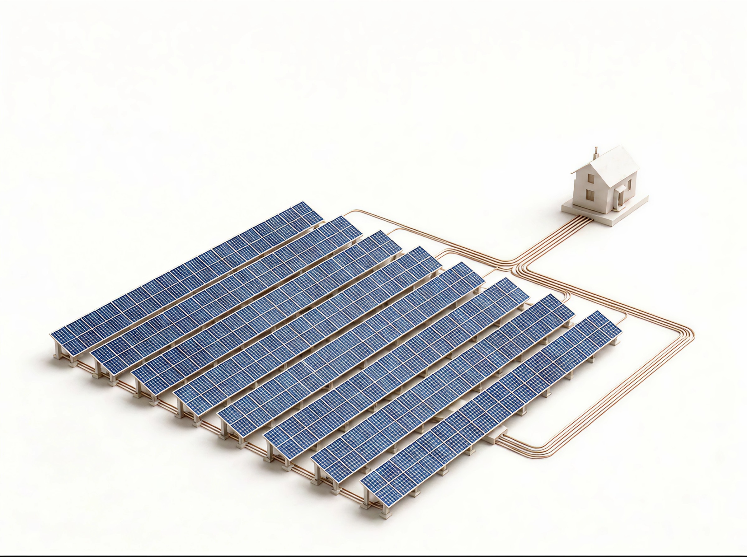 Isometric renewable energy ecosystem with solar modules, storage, control equipment, and grid infrastructure.