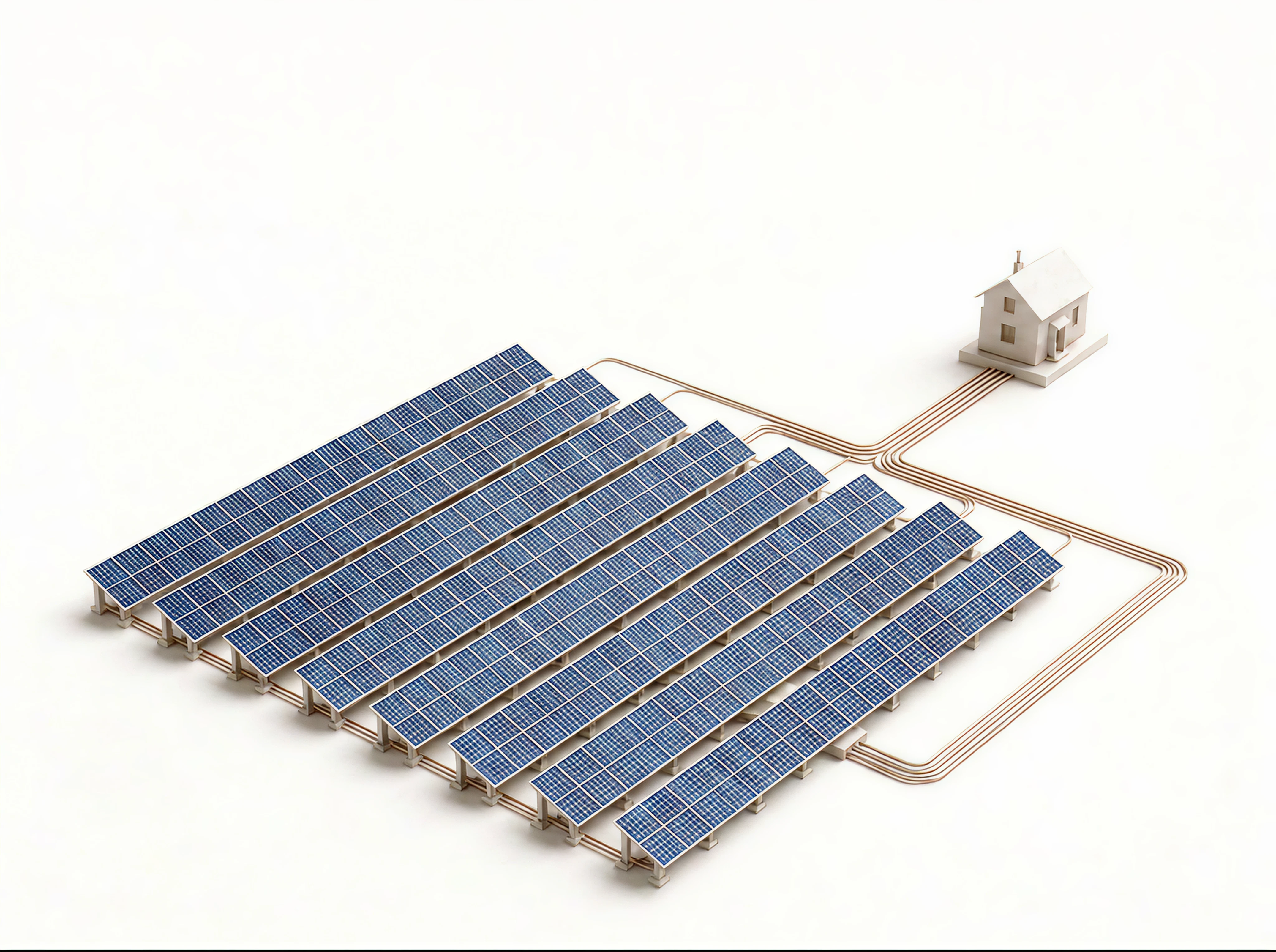 Isometric renewable energy ecosystem with solar modules, storage, control equipment, and grid infrastructure.